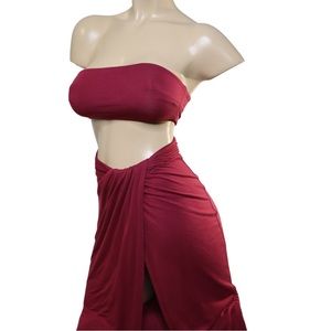 FASHION NOVA Tube Top w/ Cut Out Twist Front Split Thigh Maxi Skirt Burgundy XS